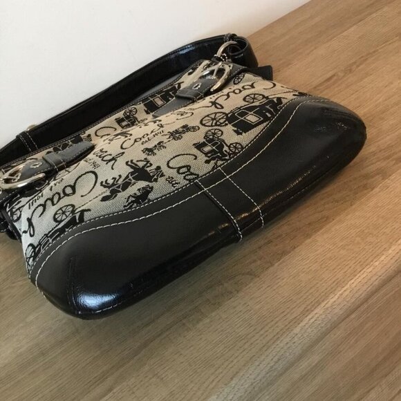 Coach Signature Horse & Carriage Jacquard & Black Leather Shoulder Bag No. 14441 - Picture 7 of 11